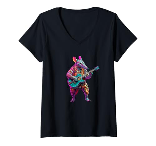 Femme Armadillo Play Guitare | Rock Star | Armadillo Rock Music T-Shirt avec Col en V