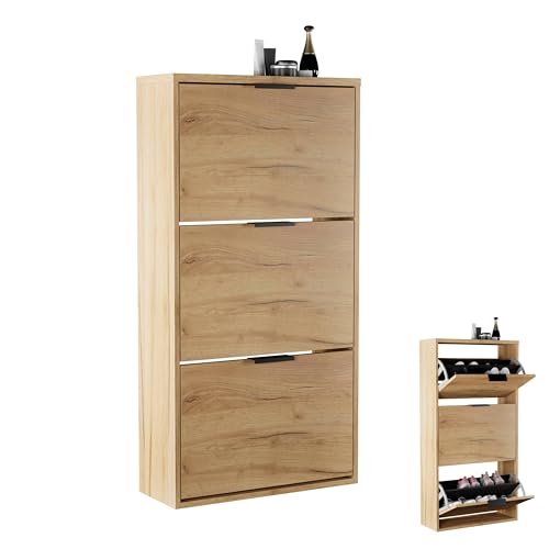 Planetmöbel Schuhschrank schmal mit 3 Klappen platzsparender Schuhregal mit 6 Ablagen, Schuhkommode für Diele, Flur, Garderobe 60 x 23 x 118 cm, Gold Eiche