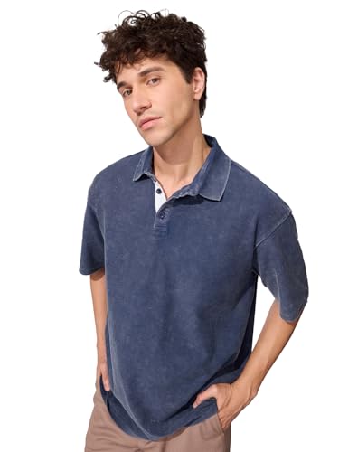 Image of The Souled Store Estate Blue Men and Boys Short Sleeves Collared Neck Solid Cotton Oversized Polos