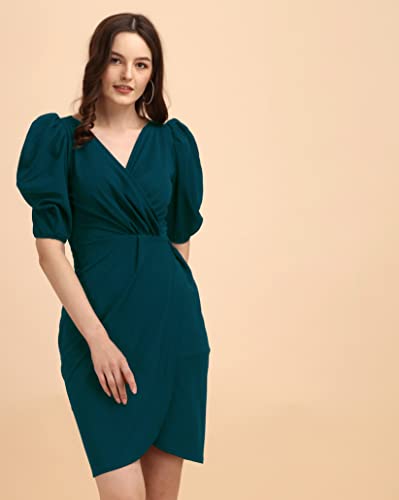 Image of Sheetal Associates Women's Puff Sleeve V-Neck Bodycon Casual Mini Dress