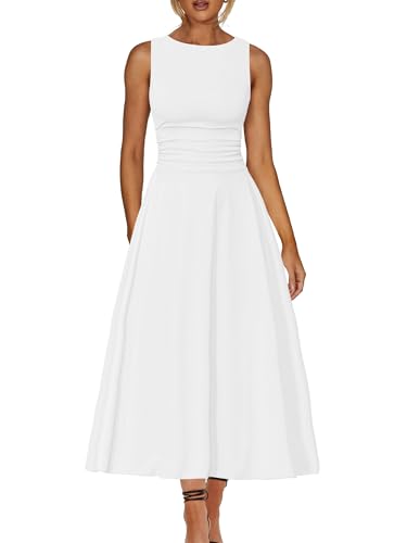 Kaximil Women's Boat Neck Sleeveless A Line Maxi Dress Ruffle Flowy Casual Long Dresses, Small, White