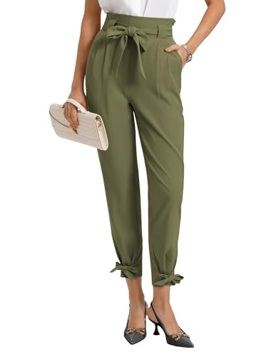 GRACE KARIN Womens Casual High Waist Pencil Pants with Pockets Bow-Knot Cropped Paper Bag Pants for Work Army Green M