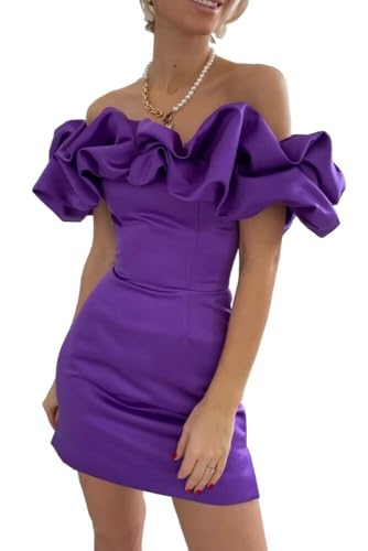 Puffy Sleeve Prom Dresses 2026 Off Shoulder Ruffles Satin Sheath Ruched Strapless Short Homecoming Dresses Mini Cocktail Prom Party Gowns Purple 4