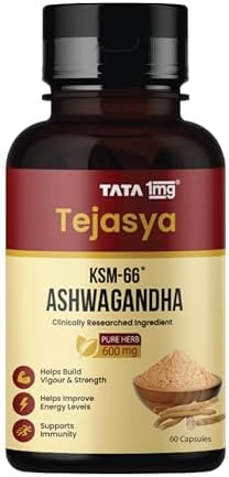 Tata 1mg Tejasya Ashwagandha KSM-66 Capsules | 600 mg Root Extract per Capsule | Supports Energy & Stamina | Clinically Researched | USDA Organic | Non-GMO | 60 Capsules