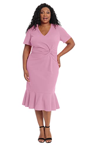 Image of London Times Women's V-Neck Dress - Flounce Hem, Twist Waist, Elegant Office & Event Wear