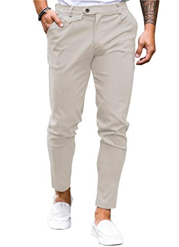 Image of Mens Chinos Slim Fit Pants Stretch Tapered Dress Pant Casual Trousers | Skinny Slacks, Flat Front Design, Stretch Cotton Fabric, Solid or Plaid, Work Dress Pants, Business Casual Wear