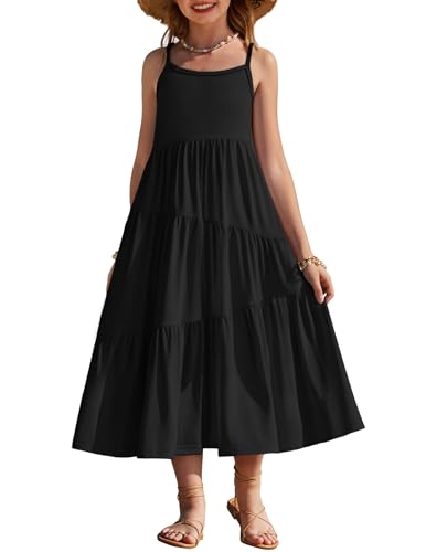 Arshiner Girls Summer Dress Casual Loose Sleeveless Sundress Flowy Black Maxi Dresses with Pockets for 11-12 Years