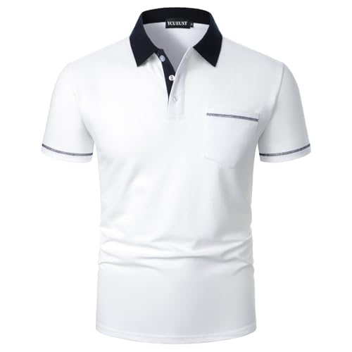YCUEUST Men's Cotton Short Sleeve Polo Golf Casual T-Shirt Top with Real Pocket White M