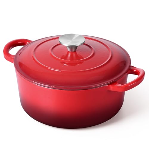 3 Qt Enameled Cast Iron Dutch Oven with Lid E-far Small Round Nonstick Dutch Oven Pot for Bread Baking Braising Stews Roasting Cooking Heavy Duty Induction & Oven Safe - Red