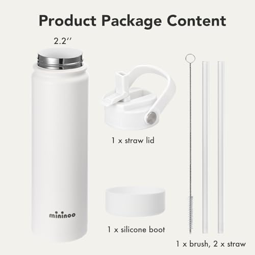 Image of Mininoo 24 oz Insulated Ceramic-Lined Water Bottle with Straw, White