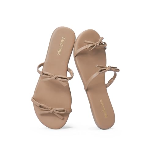 Modatope Sandals for Women Summer Flat Sandals Cute Tan Strappy Slides by Modatope - Used condition - US$26.62
