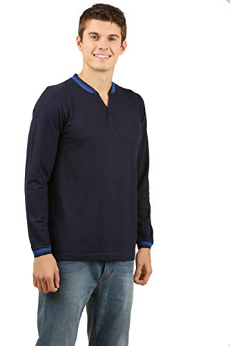 Image of Zebu Men's Full Sleeve Cotton Henley Neck Tshirt with bio wash (Pack of 1). Navy