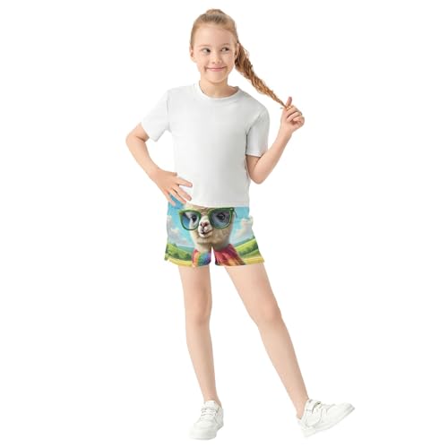 Girls Athletic Lounge Shorts Cool Alpaca Glasses Rainbow Print Comfy Pajama Summer Clothes for Teens Kids, X-Small2