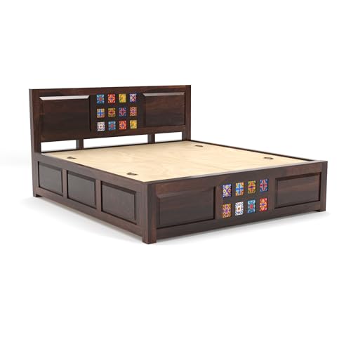 Image of Sheesham Wood Queen Size Bed with Storage Box | Wooden Box Bed Queen Size Double Cot Bed with Storage for Bedroom | Premium Tile Dalla Design Headboard Bed for Living Room | Walnut Finish