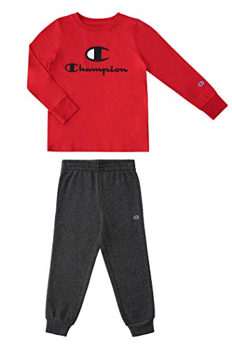 Champion Kids Boys Long Sleeve Hooded and Crew Neck Tee Shirt and Fleece Jogger Sweatpant 2 Piece Set Kids Clothes (Scarlet/Granite Heather C, 6) Champion Kids Boys Long Sleeve Hooded and Crew Neck Tee Shirt and Fleece Jogger Sweatpant 2 Piece Set Kids Clothes (Scarlet/Granite Heather C, 6)