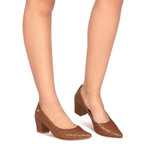 Sapato Scarpin Feminino Salto Bloco Confortável Croco Caramelo A2.02 (Caramelo, BR, Adulto, Numérico