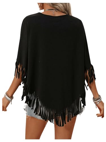 SweatyRocks Women's Half Short Sleeve Fringe Trim Top Round Neck Asymmetrical Hem Loose Tee Shirts Blouse2