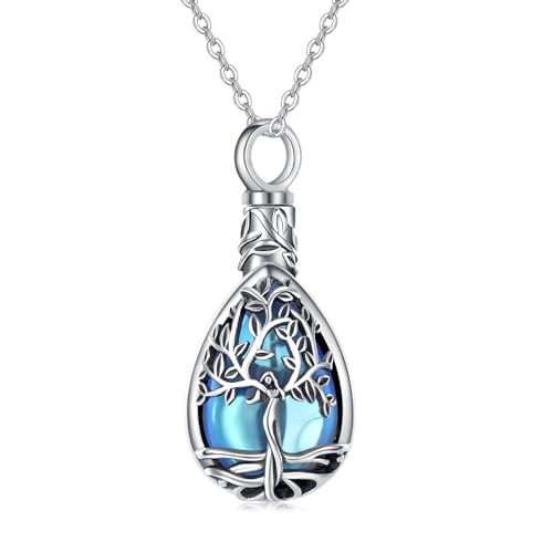 JUSTKIDSTOY Moonstone Urn Necklace for Ashes Sterling Silver Daisy/Rose/Tree Teardrop Pendant Necklace Cremation Jewelry Keepsake Memorial Gifts for Mother Grandma w/Funnel Filler