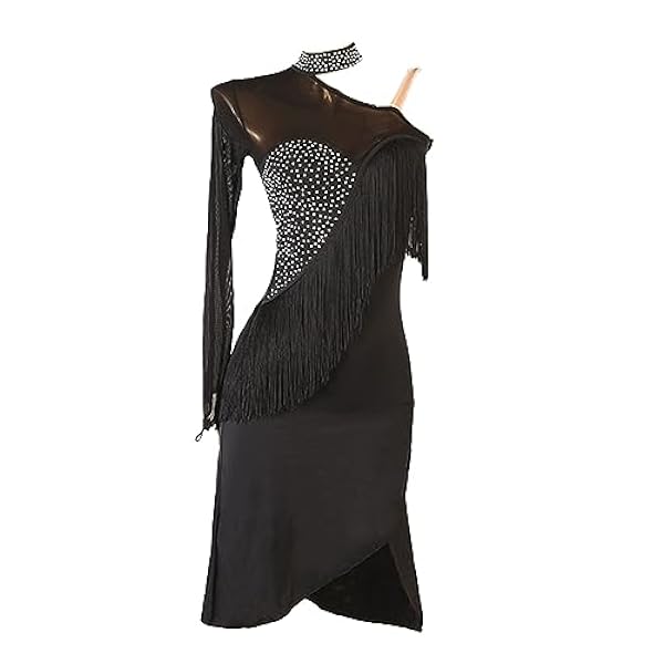 Dames Latin Dans Jurk Schuine Schouder Enkele Mouw Nationale Norm Latin Danswedstrijd Kostuum Kwastje Strass Netstof Doorschijnende Dansjurk