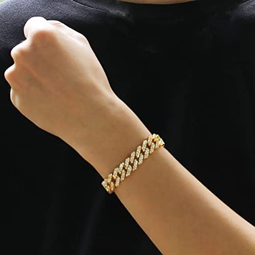 Yomlry Cuban Link Bracelet For Men Women 8/10/12Mm Iced Out Miami Cuban Bracelet Silver Plated Bling Rhinestones Cuban Link Chain Bracelet Hip Hop Cuban Bracelet For Men Women-Gold Rhinestones 7Inch,12Mm #TOP4