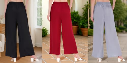 Image of Buy That Trendz Palazzo Pants for Women Rayon Elasticated Regular Fit Flared Wide Leg M to 6XL Pack of 3