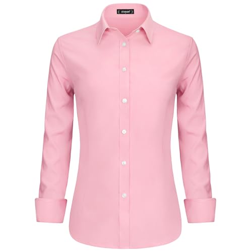 Stamain Camisa de Mujer Rosa Elegante con Scollo a V y Mangas Largas Camisa de Botones Blusa Mujer Ideal para Oficina y Eventos Formales,M