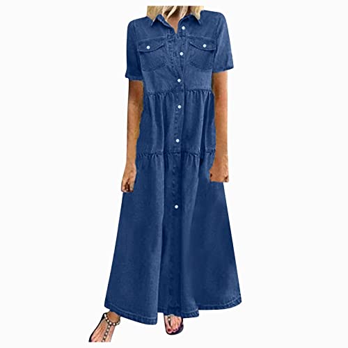 Summer Dress for Women Casual Denim Sundresses Vintage Button Down Skirts Trendy Short Sleeve Jean Dresses with Pockets