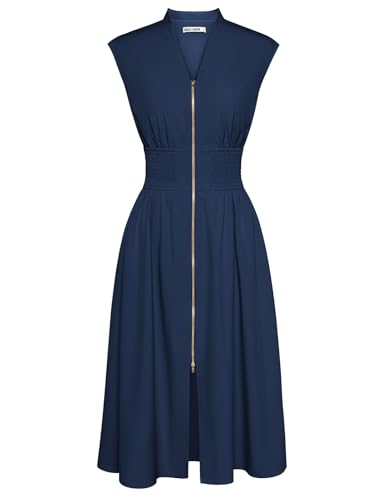 GRACE KARIN Ladies Dress Elegant Casual Work Dresses with Pockets Zip Front Navy Blue 2XL