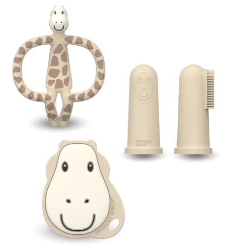 Matchstick Monkey Zahnungs Starter-Set – Flacher Beißring, Tier-Beißring & 2 Silikon-Fingerzahnbürsten, BPA-frei, Förderung der Feinmotorik, ab 3 Monaten, Geschenkset, Gigi Giraffe