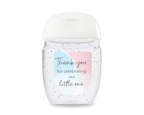 30 Pack Gender Reveal Mini Hand Sanitizer Favor Labels – Thank You for Celebrating Our Little One Stickers, High Gloss Waterproof Pink & Blue He or She, Boy or Girl Baby Reveal Party Favors S752-1