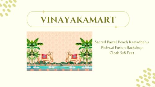 Image of Pooja backdrops for Decoration | Pastel Peach Kamadhenu pichwai Backdrop Cloth Decoration 5x8 Feet | Lakshmi puja Backdrop