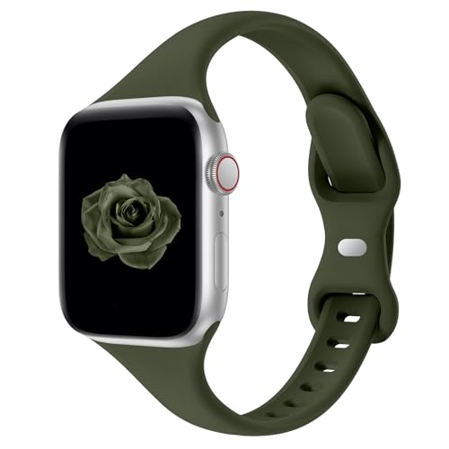 Image of Thin Slim Band Compatible with Apple Watch 38mm 40mm 41mm 42mm 44mm 45mm 46mm 49mm, Replacement Silicone Sport Strap for iWatch Series 11 /10 /9 /8 /7 /6 /5 /4 /3 /2 /1 Ultra SE Women Men, Army Green