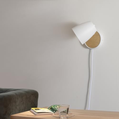 Image of Wall Sconce Plug in,White Wall Lights for Bedroom,Modern Wood Sconces Light with 180Rotation Metal Shade,e26 Wall Lamp with Switch for Living Room,Nightstand,Dining Room,Hallway,Corner,Stairway