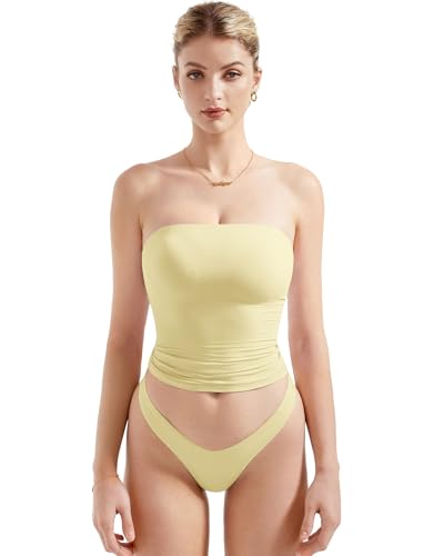 SUUKSESS Women Sexy Tube Top Summer Y2K Going Out Tops Casual Sleeveless Double Lined Basic Tank Top (Pale Yellow S)