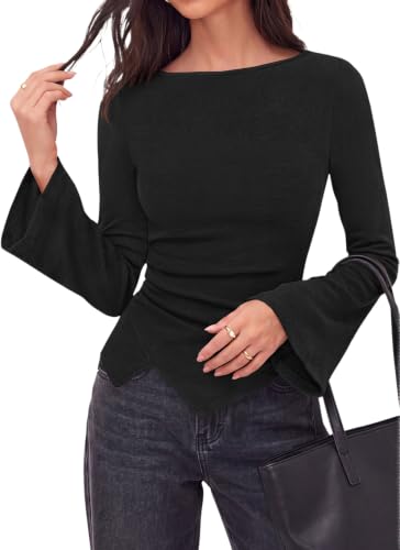 Okiwam Womens Bell Long Sleeve Shirts Boat Neck Asymmetrical Tops,Black,L - image 1
