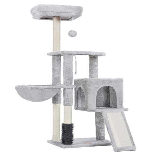 Heybly Kratzbaum mit Katzenbürste, Katzenbaum für Hauskatzen mit Gepolsterter Sitzstange aus Plüsch, Katzenkratzbaum mit Korb, Kratzbrett und Kratzbaum, Hellgrau HCT005SW