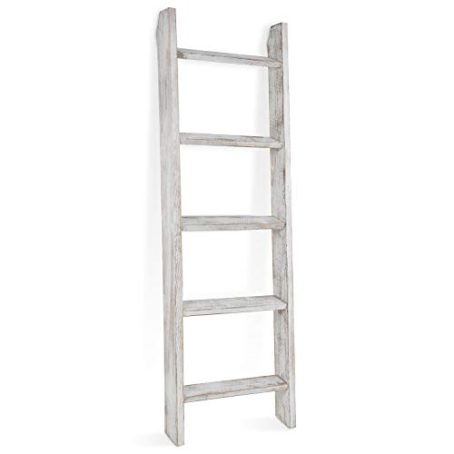Mygift HOM1647WHTWS Large Whitewashed Wood Ladder Blanket Ladder, Farmhouse Style Wall Leaning Towel Rack thumb #5