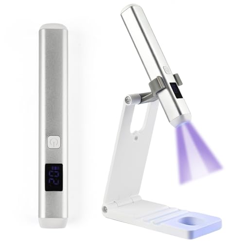 Lámpara de uñas UV de mano con curado flash y pantalla LCD, secador de uñas de gel recargable portátil con temporizador, base magnética para tira de luz lineal, soporte integrado, secado rápido de 10