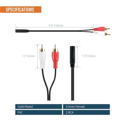 Adaptador de audio 3.5mm hembra a 2 RCA macho 11 pulgadas, pack 2 miniatura 2