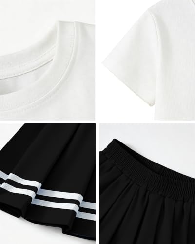 Image of Betusline Girls Skirt Set JK School Uniform 2-Piece Outfit - Short Sleeve & Webbing Solid Skirt,4-14Y