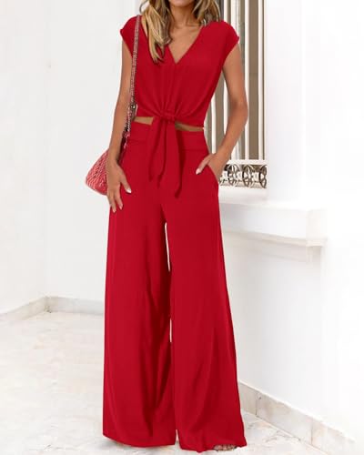 Image of PRETTYGARDEN Women's Summer 2 Piece Outfits 2026 Cap Sleeve V Neck Belted Crop Tops Wide Leg Pant Sets Casual Tracksuit