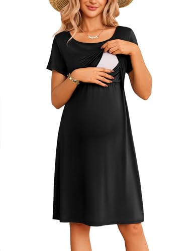 Ekouaer Vestido Premamá de Lactancia para Mujer en Capas Mangas Cortas Verano Vestido Embarazada, Negro, M
