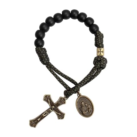 Nazareth Store One Decade Green Paracord Black Matte Beads Antique Bronze Rosary Bracelet Jesus Cross with Miraculous Medal For Men and Women Cover
