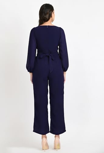 Image of V&M Women's Black V-Neck Jumpsuit | Full Sleeve Straight-Leg One-Piece with Side Pockets | Elegant Western for Office, Party & Evening Outfits