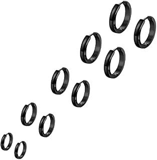 Bo Win 5 Pairs Stainless Steel Huggie Hinged Black Hoop Earrings for Men Women, Men Earrings Hoop Black, Black Earrings for Men Hoop, Small Men Hoop Earrings Women Girls Black Set Piercing 8MM-16MM