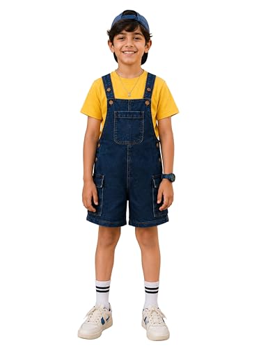 Image of KiddoPanti Unisex Denim Cargo Dungaree Shorts | 69.1% Cotton 29% Spun Poly 1.9% Spandex | Above Knee Length | Soft Breathable Summer Dungaree