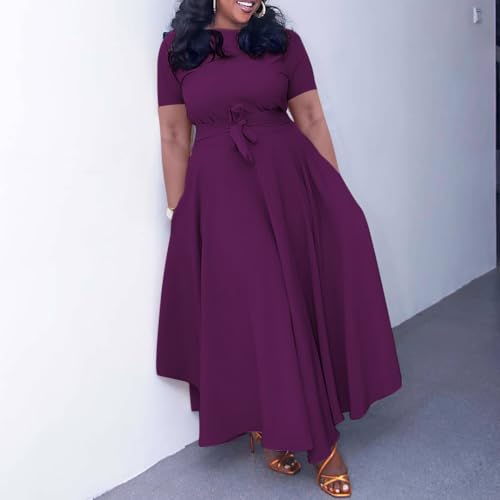 Image of BFFBABY Plus Size Dress A Line Dresses for Women Summer Long Dresses with Sleeve Casual Belted