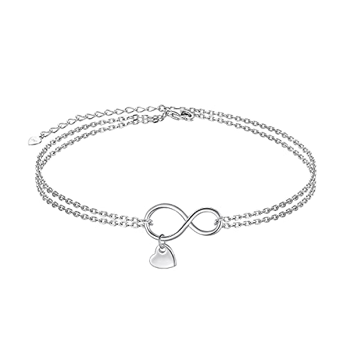 Flyow Infinity Layered Anklet 925 Sterling Silver For Women Girls Adjustable Heart Ankle Bracelet Boho Beach Foot Chain 9+1.5 Inch Charm Jewelry Birthday Gifts (Infinity Heart 9+1.5) #TOP4