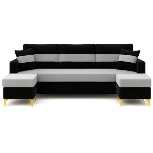 Image of SOCOZI Bastian 5 Seater L Shape Sofa Set with 2 Movable Ottomans | Flexible Layout | Soft Velvet Suede Fabric|Modern Sofa | Plush Comfort Cushions for Living Room (Black and Light Grey) | Breathable Material