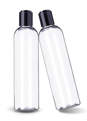 Image of ljdeals 8 oz Clear Plastic Empty Bottles with Black Disc Top Caps, Refillable Containers for Shampoo, Lotions, Cream and More Pack of 2, BPA Free, Made in USA
